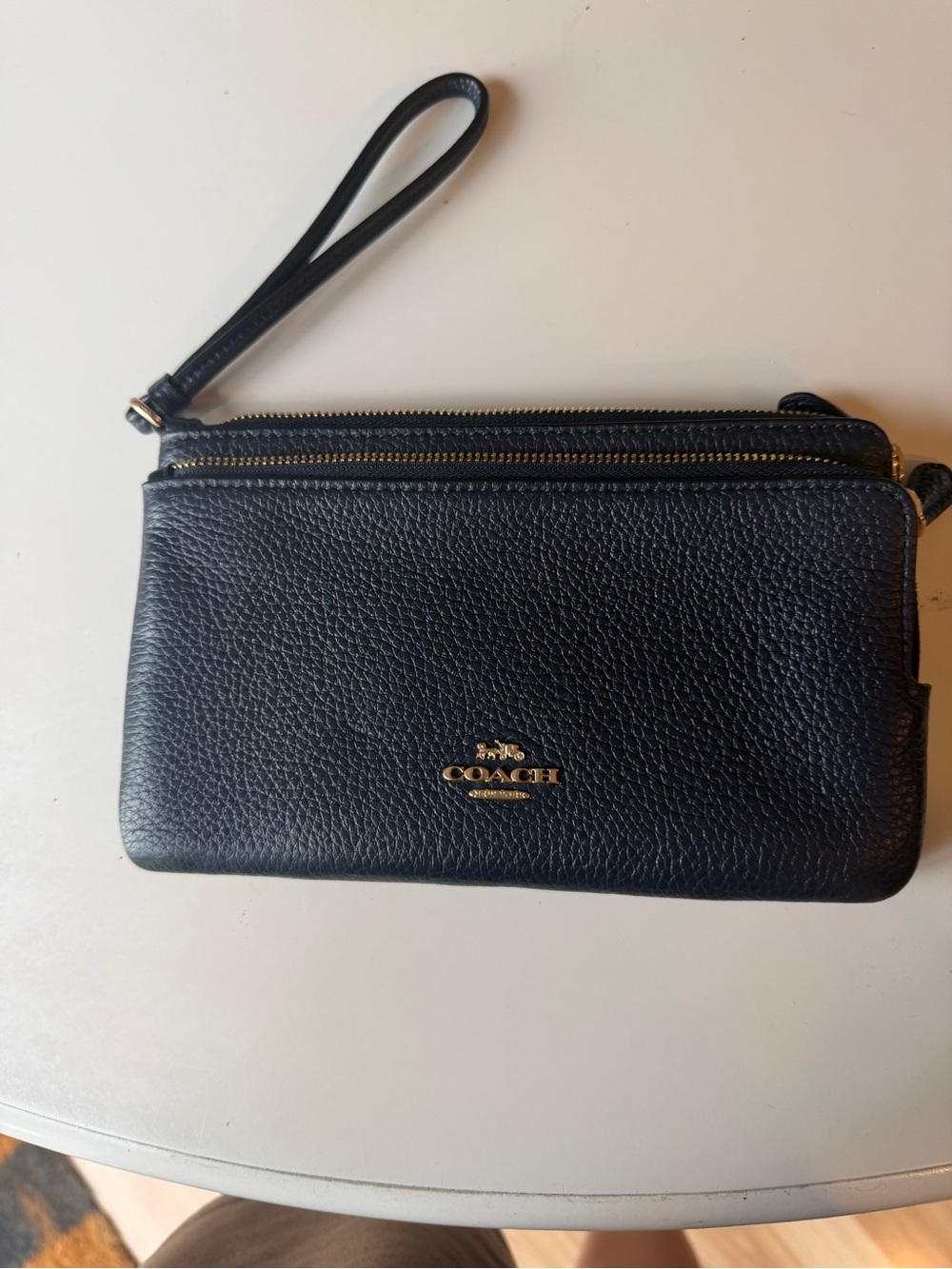 COACH Navy Blue Double Zip Pebbled Leather Wristlet Wallet